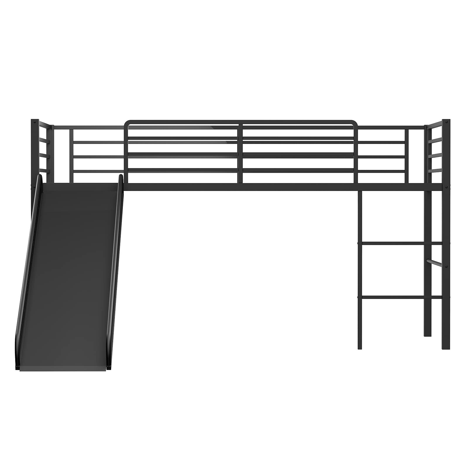 KOMFOTT Twin Metal Low Loft Bed with Slide, Safety Guardrails & Built-in Ladder
