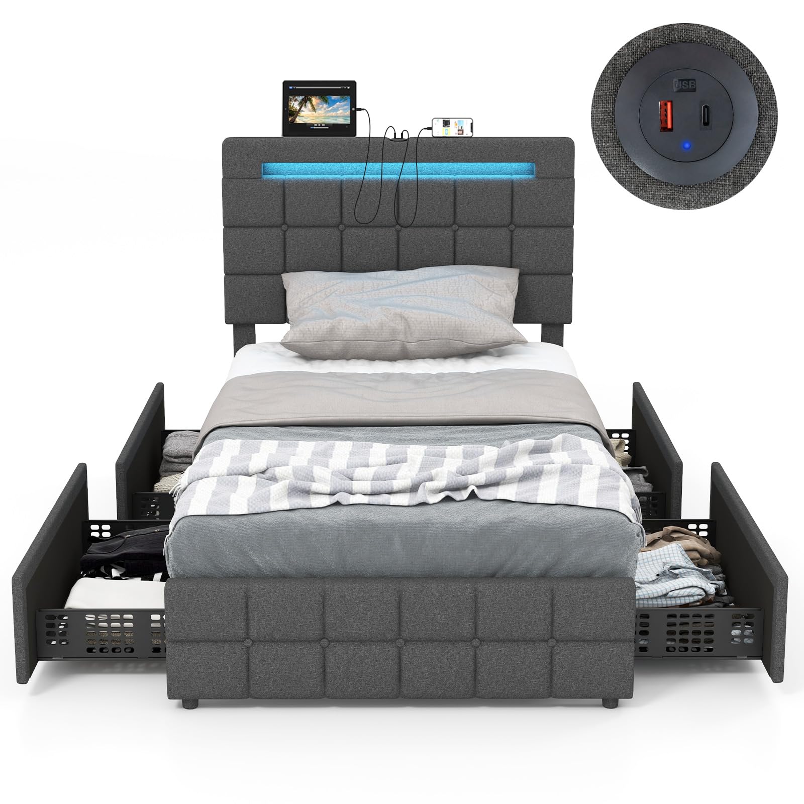 KOMFOTT Upholstered Bed Frame with LED Lights and 4 Drawers, Height Adjustable Headboard with USB Ports
