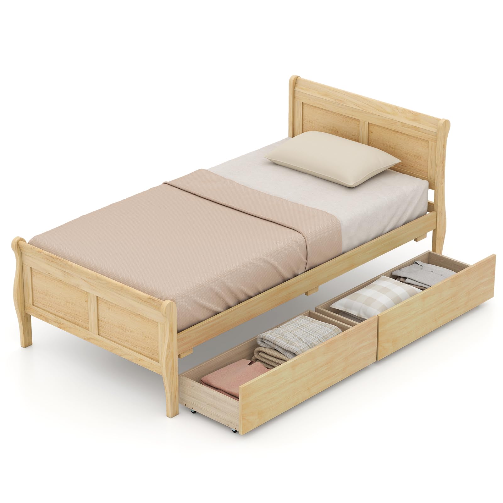 KOMFOTT Twin Size Sleigh Wood Bed Frame with 2 Storage Drawers