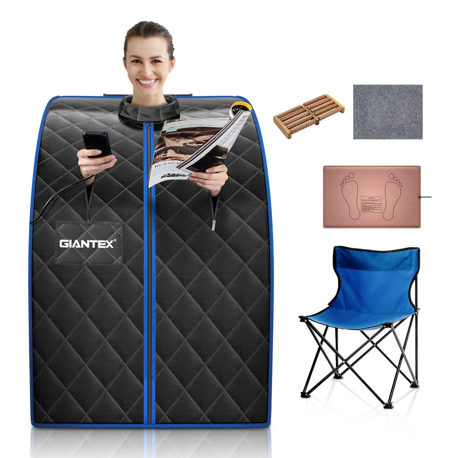 KOMFOTT Infrared Portable Sauna W/ 9 Temperature & Timer, Foldable Chair, LED Remote Control, Foot Roller, Heating Foot Pad & Absorbent Mat