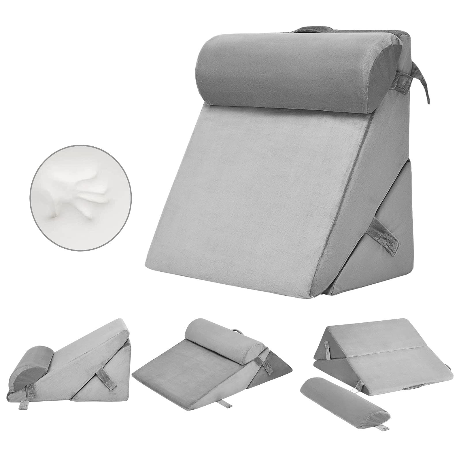 KOMFOTT Bed Wedge Pillow with Adjustable Back Support Detachable Headrest, Memory Foam Fill, Soft Washable Cover