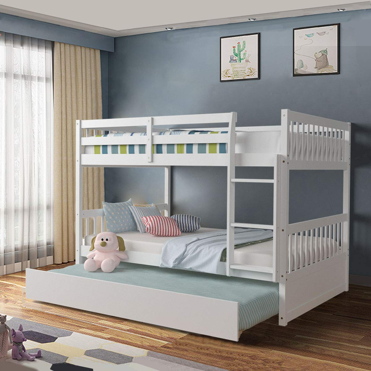Bunk Bed with Trundle, Full Over Full Bunk Beds with Ladder, Solid Wood Trundle Bed with Rails