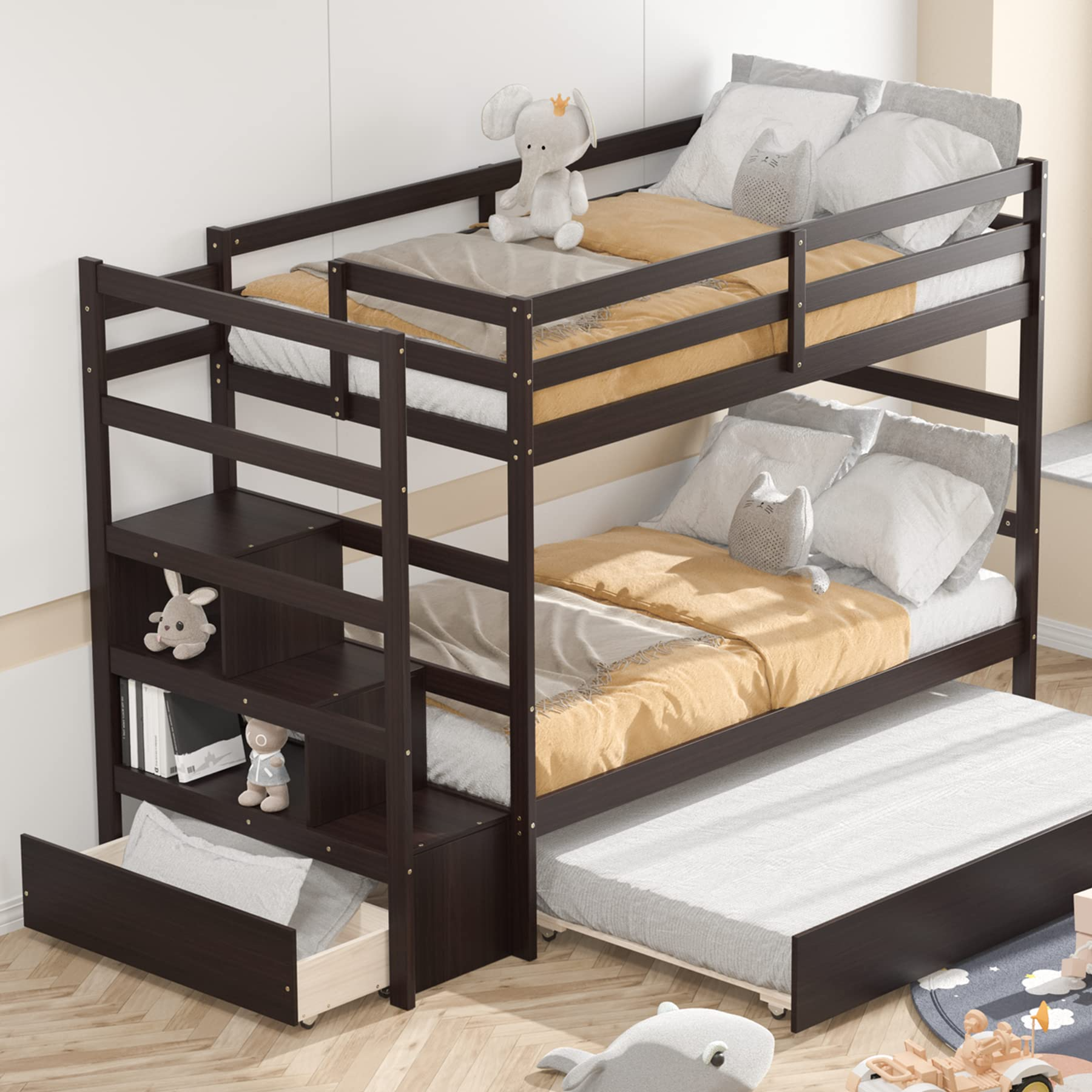 KOMFOTT Twin Over Twin Bunk Bed with Trundle & Staircase, Wooden Bunk Bed Frame with Storage Shelves & Drawer ( Espresso)