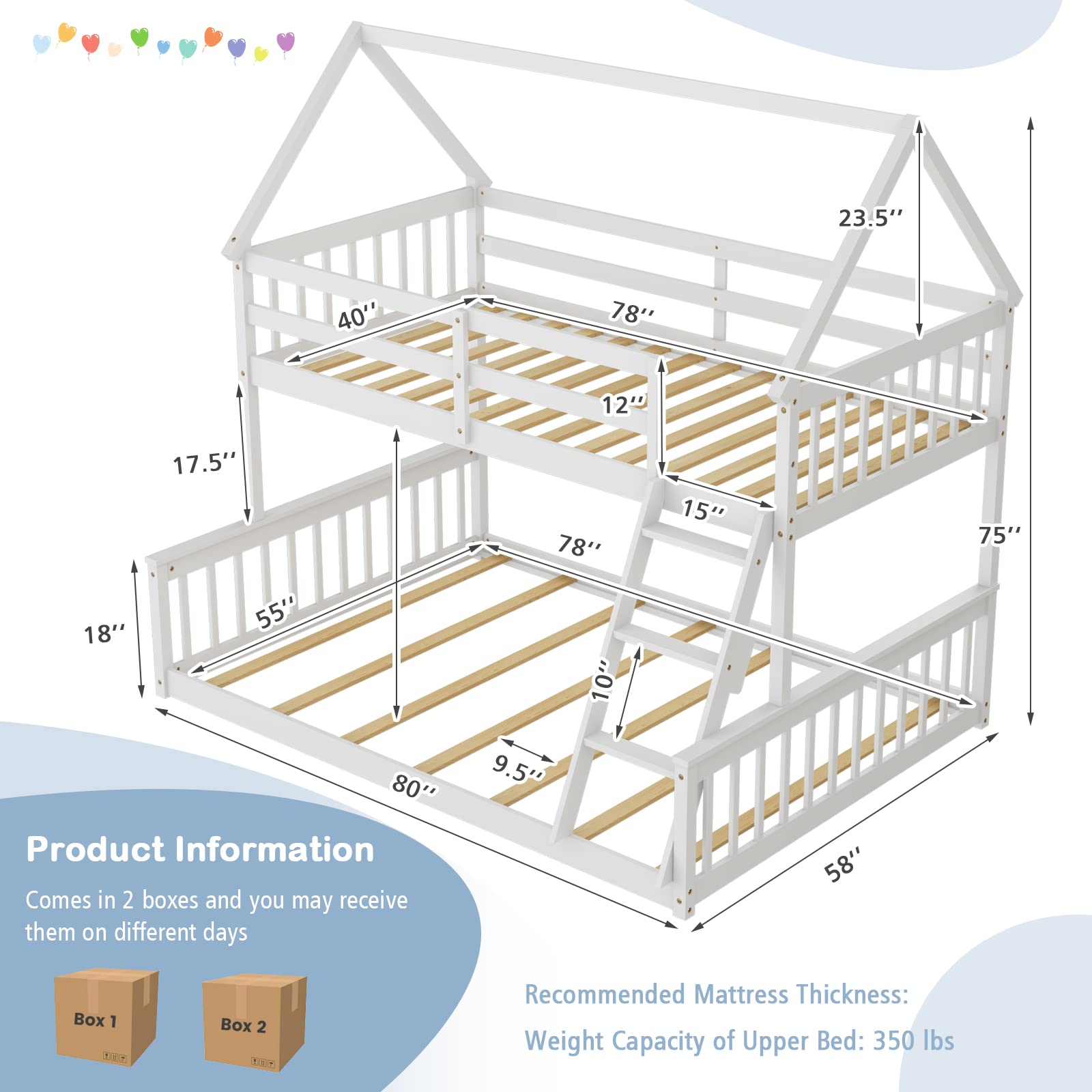 KOMFOTT Twin Over Full Wood House Bunk Bed with Integrated Ladder & Safety Guardrails, Convertible to 2 Beds