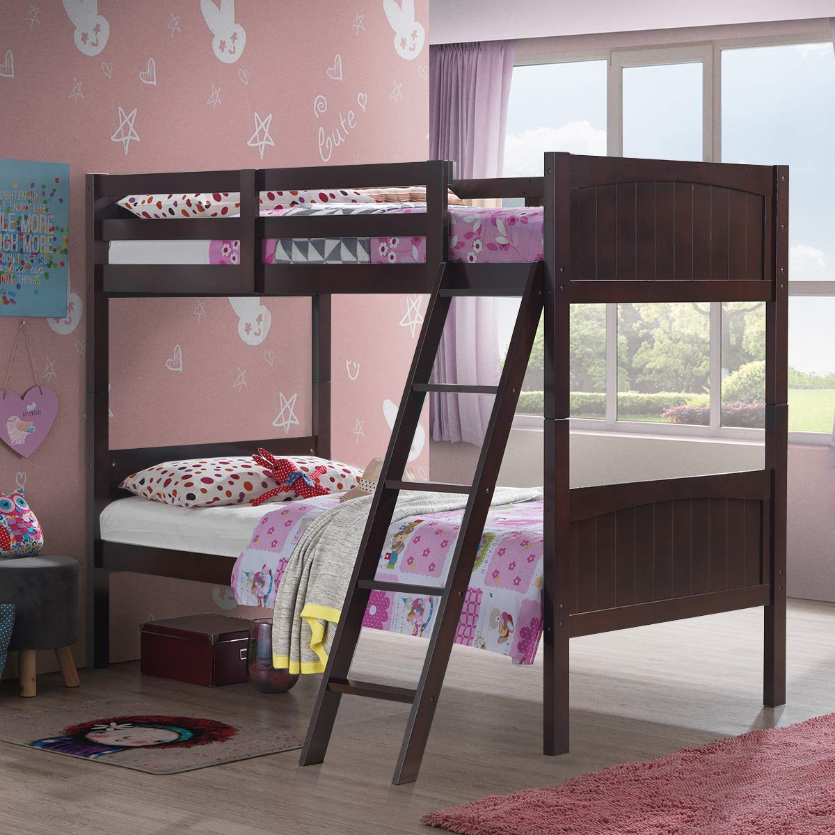 KOMFOTT Twin Over Twin Bunk Beds, Convertible Into Two Individual Solid Rubber Wood Beds, Children Stylish Sleeping Bedroom Furniture