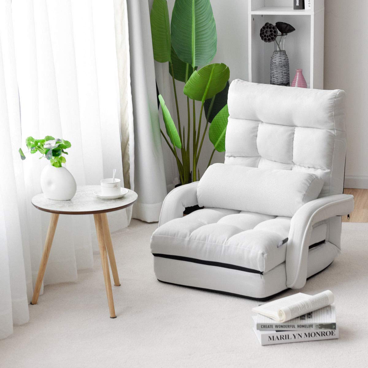 KOMFOTT Folding Floor Chair with 6-Position Adjustable Backrest, Armrests & Removable Pillow