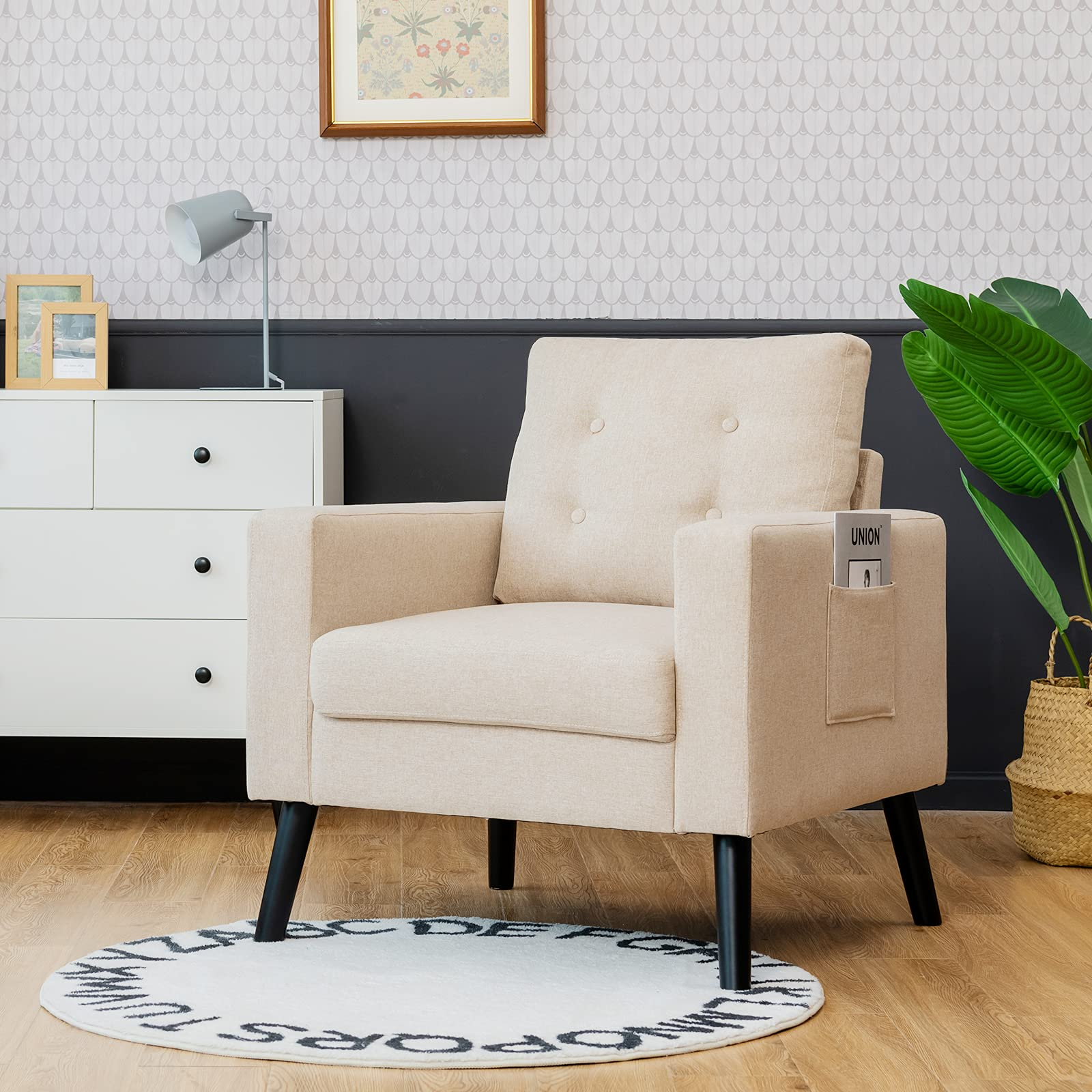 KOMFOTT Modern Accent Chair, Mid-Century Upholstered Armchair Club Chair with Rubber Wood Legs