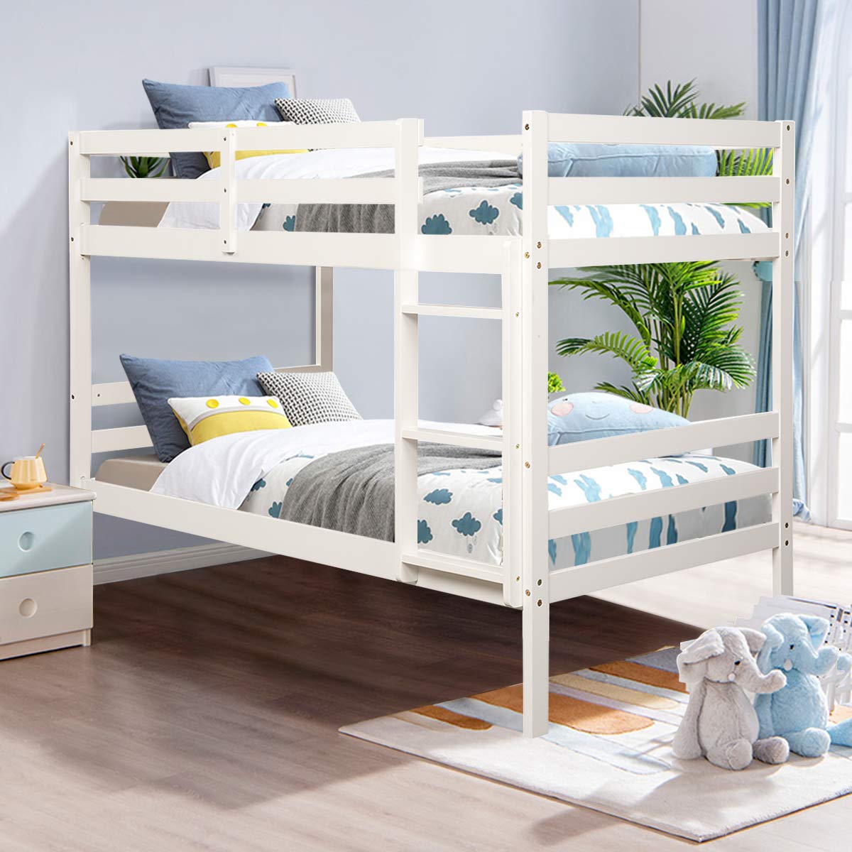 KOMFOTT Twin Over Twin Wood Bunk Bed with Ladder & Safety Guardrail