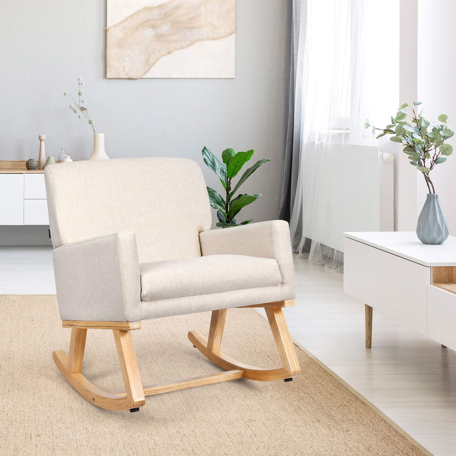 KOMFOTT Upholstered Rocking Chair with Fabric Padded Seat and Solid Wood Base