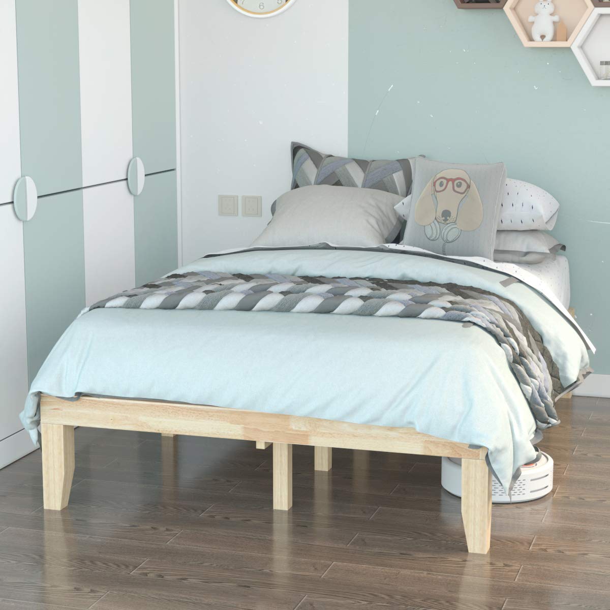 KOMFOTT Wood Platform Bed Frame, Solid Wood Mattress Foundation with Rubber Wood Frame