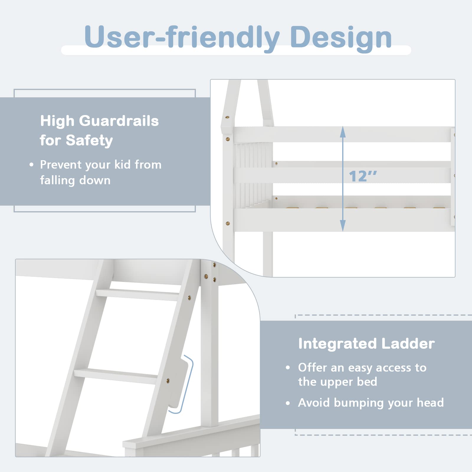 KOMFOTT Twin Over Full Wood House Bunk Bed with Integrated Ladder & Safety Guardrails, Convertible to 2 Beds