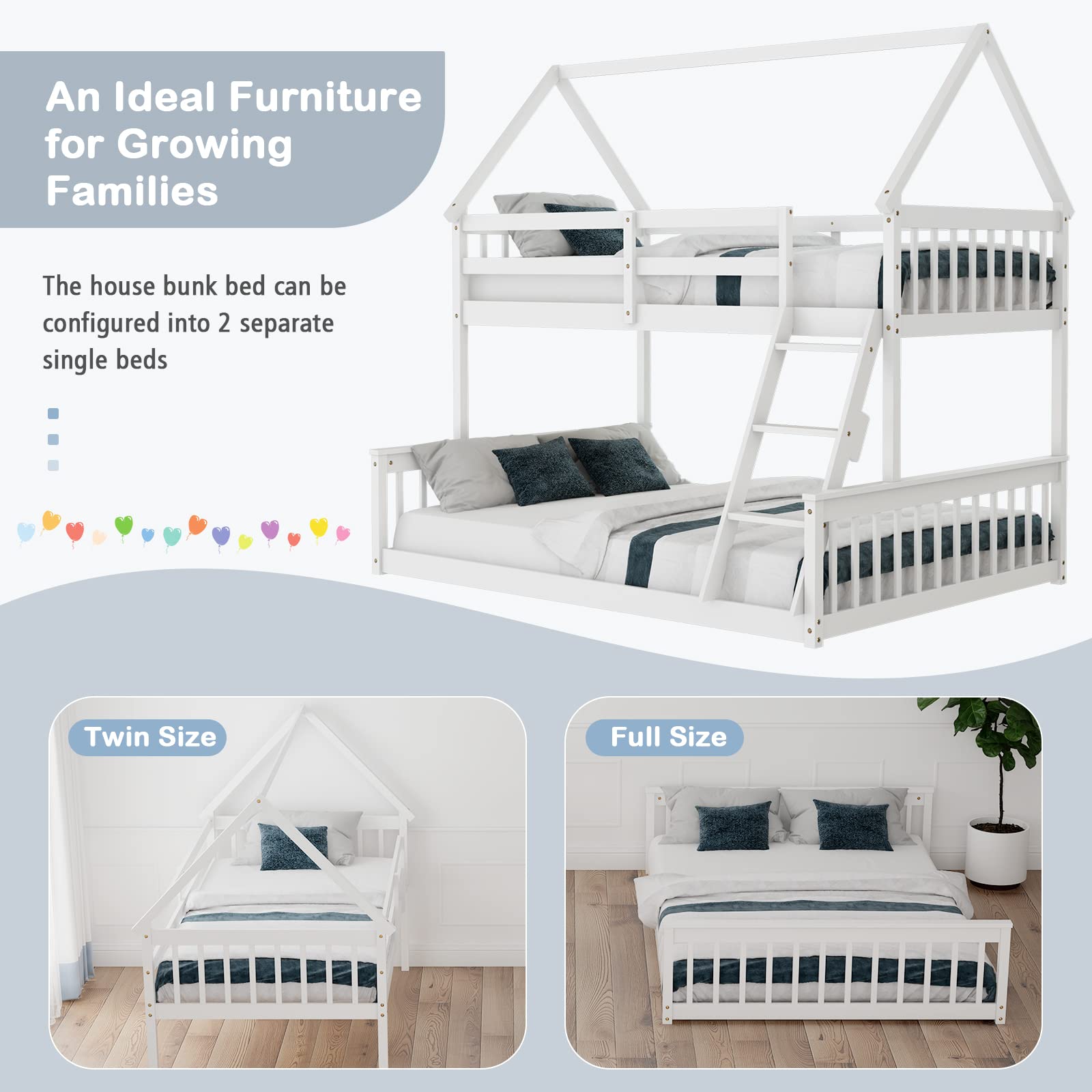 KOMFOTT Twin Over Full Wood House Bunk Bed with Integrated Ladder & Safety Guardrails, Convertible to 2 Beds