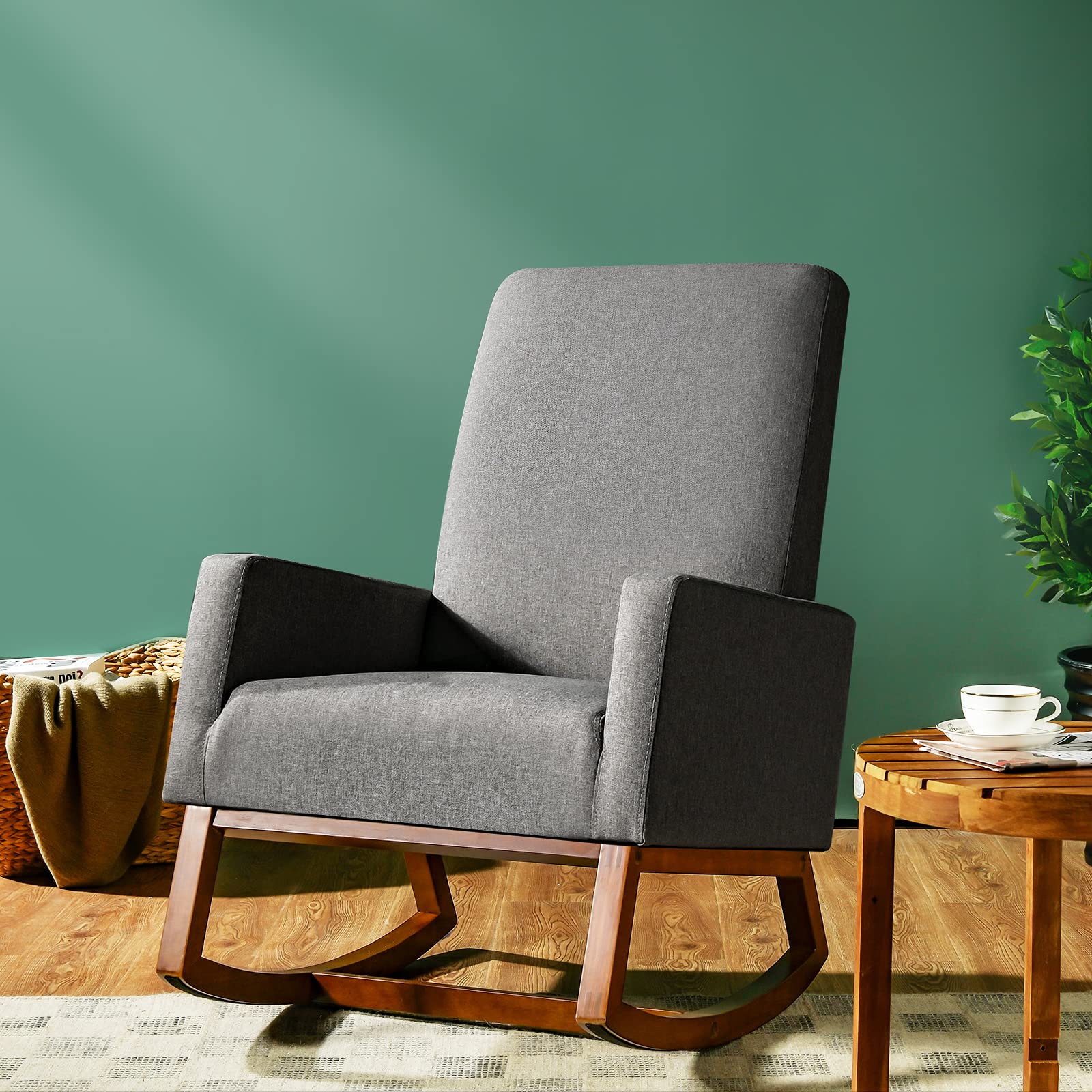 KOMFOTT Rocking Chair, High Back Upholstered Lounge Armchair w/Side Pocket