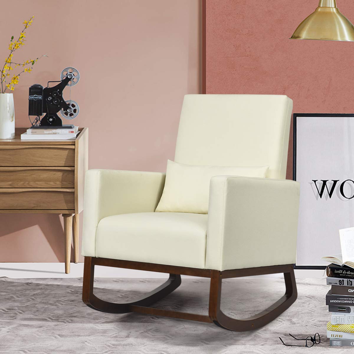 KOMFOTT Upholstered Rocking Chair, Modern High Back Armchair, Comfortable Rocker with Fabric Padded Seat, Waist Pillow