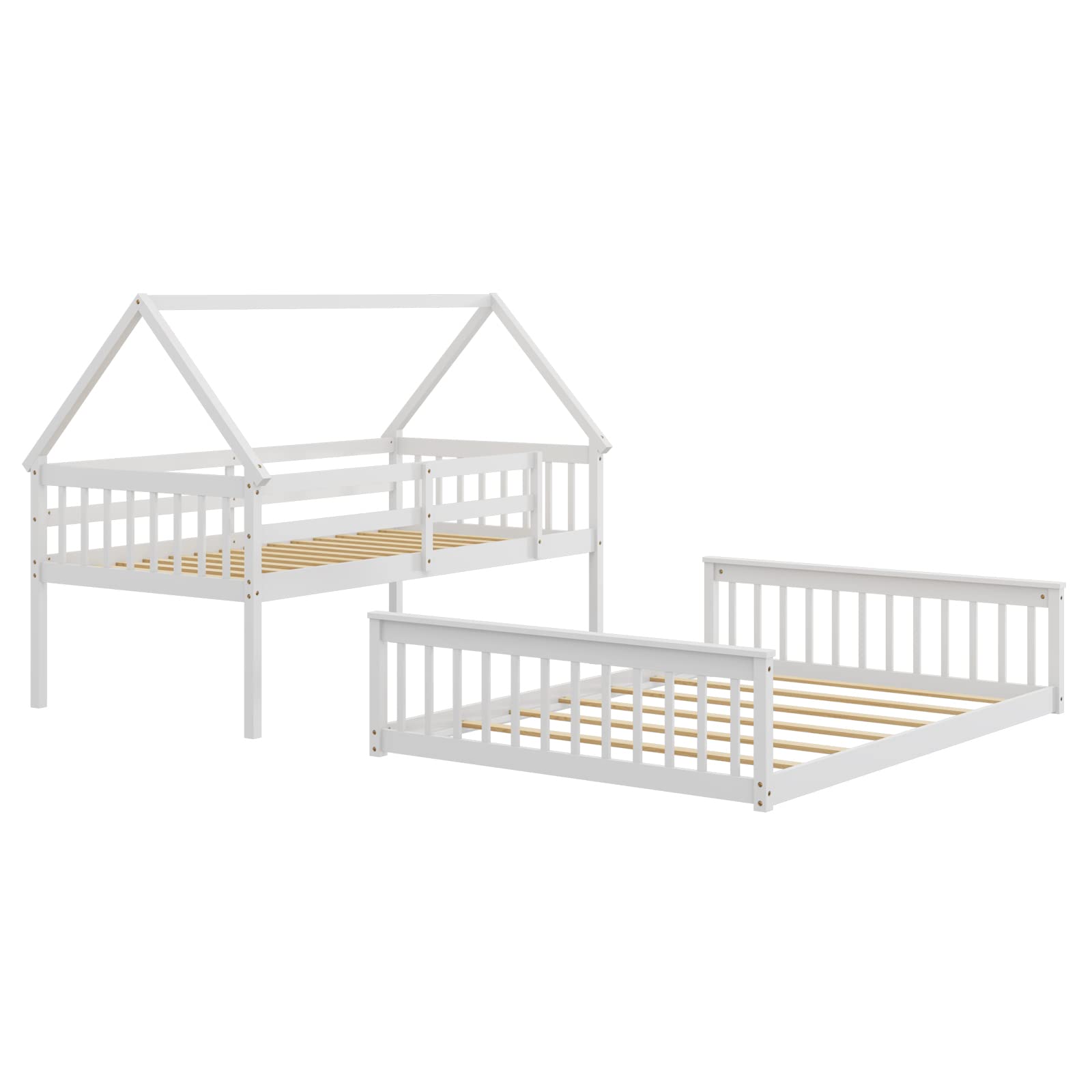 KOMFOTT Twin Over Full Wood House Bunk Bed with Integrated Ladder & Safety Guardrails, Convertible to 2 Beds