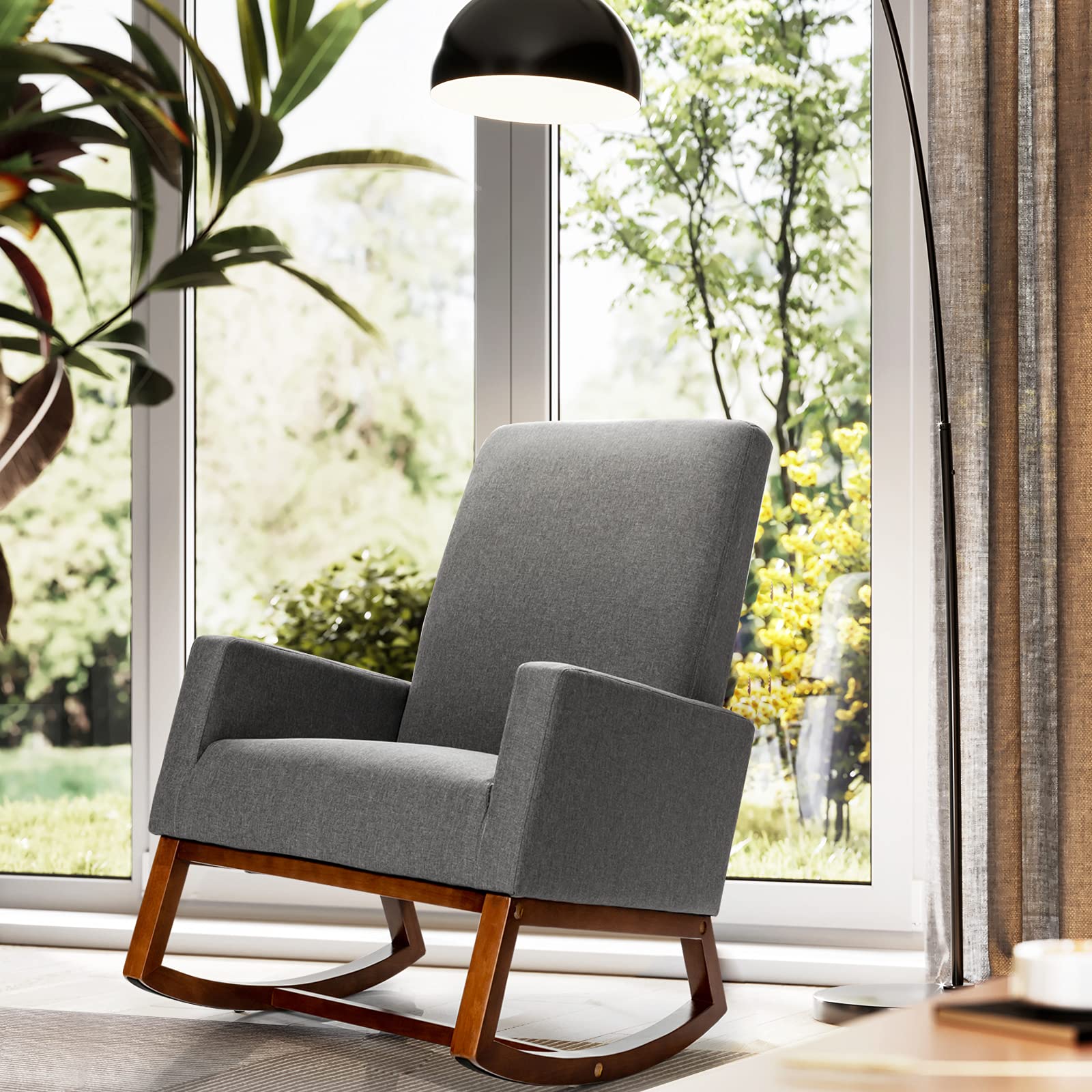 KOMFOTT Rocking Chair, High Back Upholstered Lounge Armchair w/Side Pocket