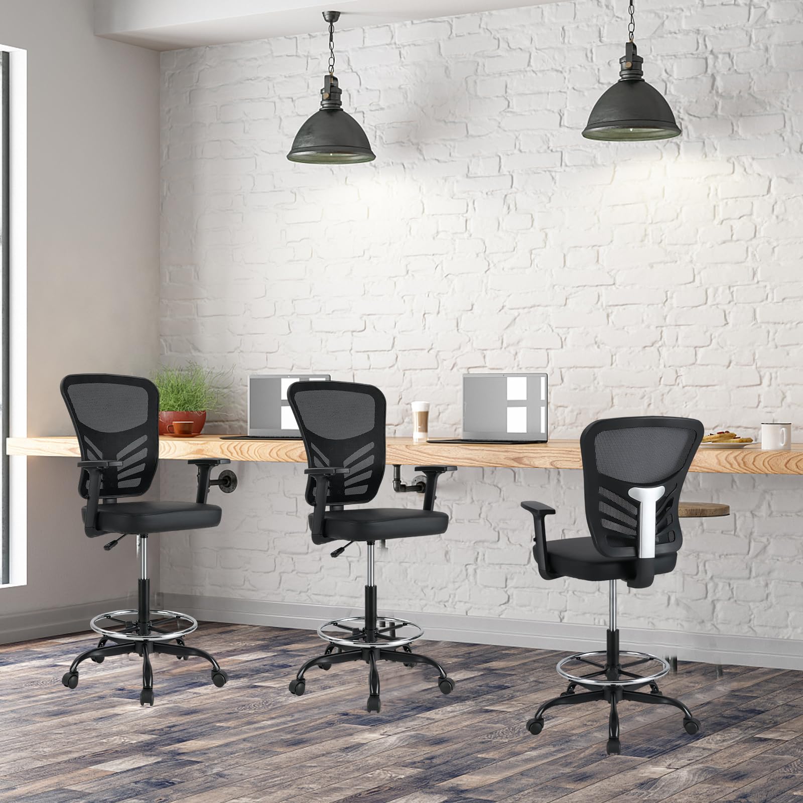 KOMFOTT Drafting Chair, Standing Desk Chair with Lumbar Support, Footrest Ring & Armrests