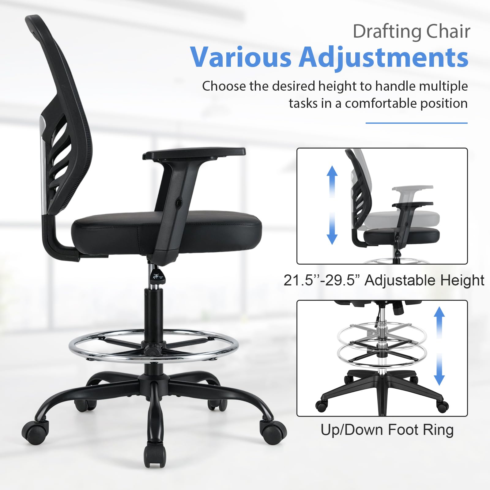 KOMFOTT Drafting Chair, Standing Desk Chair with Lumbar Support, Footrest Ring & Armrests