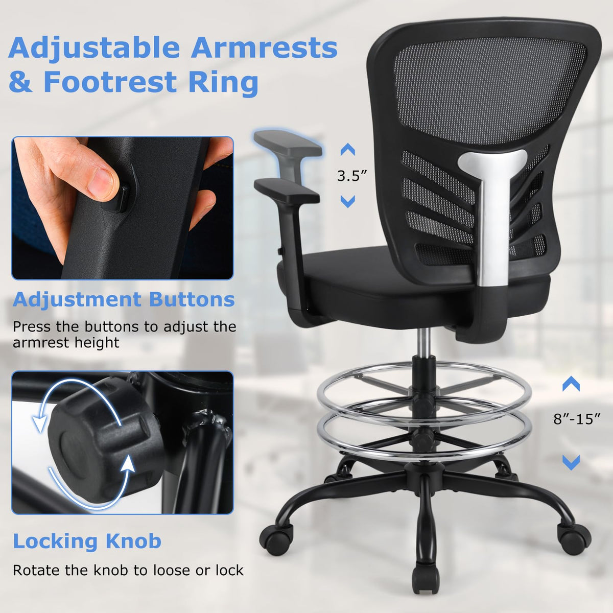 KOMFOTT Drafting Chair, Standing Desk Chair with Lumbar Support, Footrest Ring & Armrests