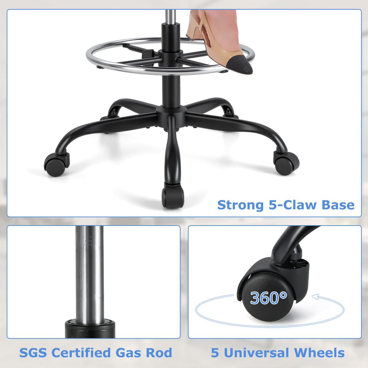 KOMFOTT Drafting Chair, Standing Desk Chair with Lumbar Support, Footrest Ring & Armrests