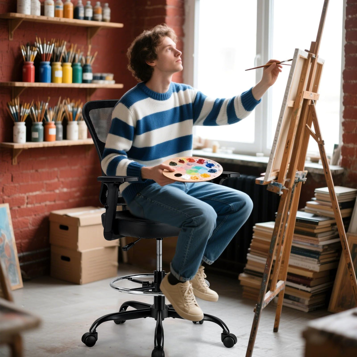 KOMFOTT Drafting Chair, Standing Desk Chair with Lumbar Support, Footrest Ring & Armrests