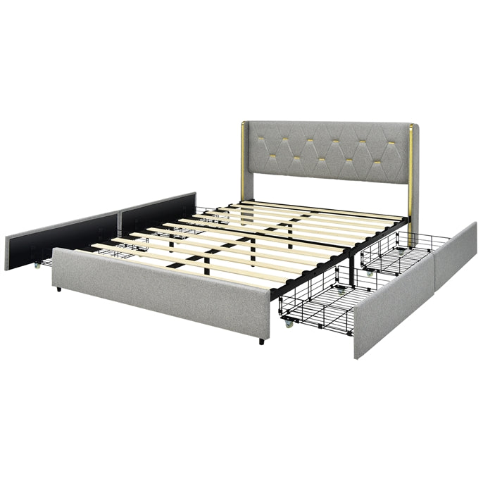 KOMFOTT Full/Queen Upholstered Bed Frame with 4 Rolling Storage Drawers, Space Saving PU Leather Bed Frame