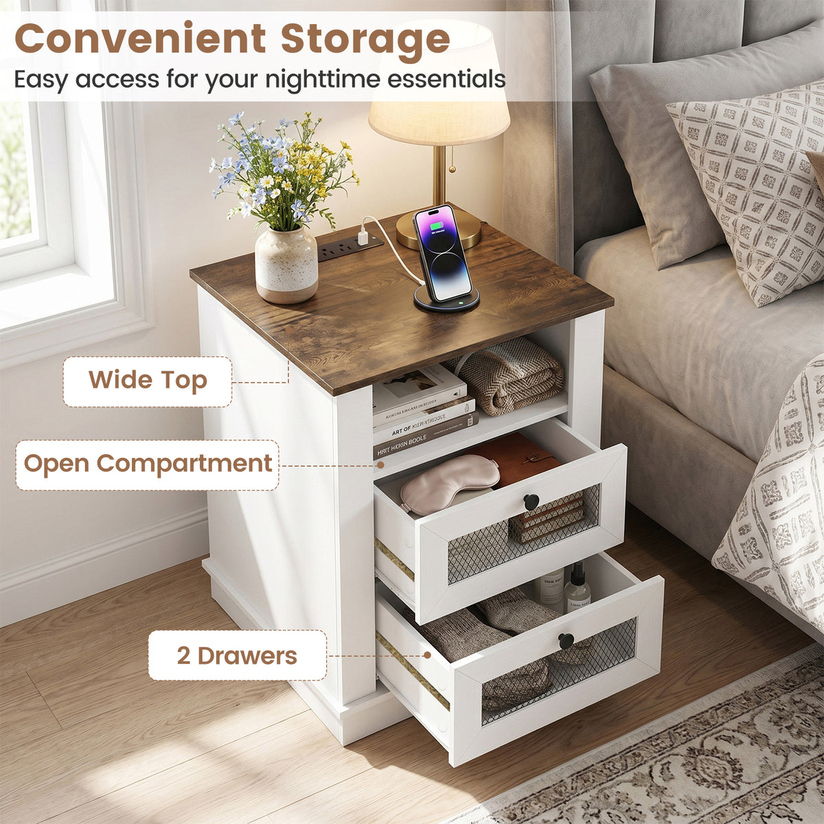 KOMFOTT Nightstand with Charging Station Night Stand with 2 Drawers(1/2)