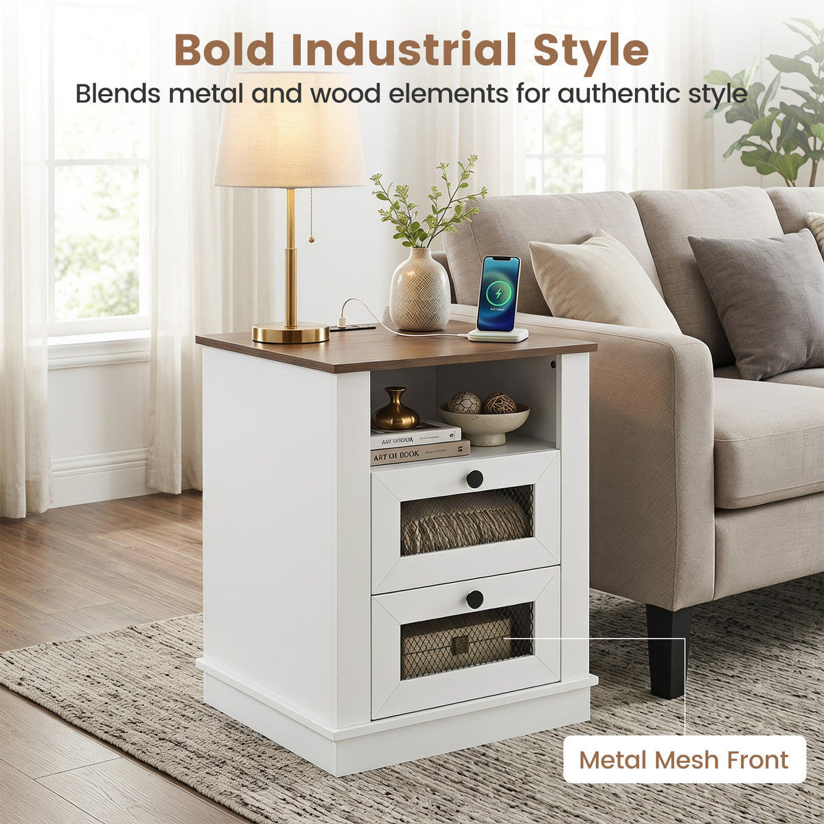 KOMFOTT Nightstand with Charging Station Night Stand with 2 Drawers(1/2)