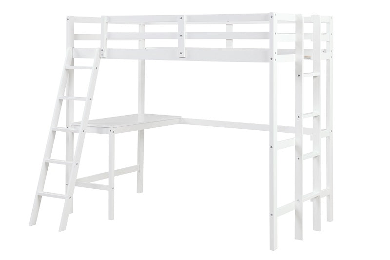 KOMFOTT Twin Loft Bed with Desk, Solid Wood Loft Bed Frame with 2 Ladders, Safety Guardrail for Teenagers and Adults