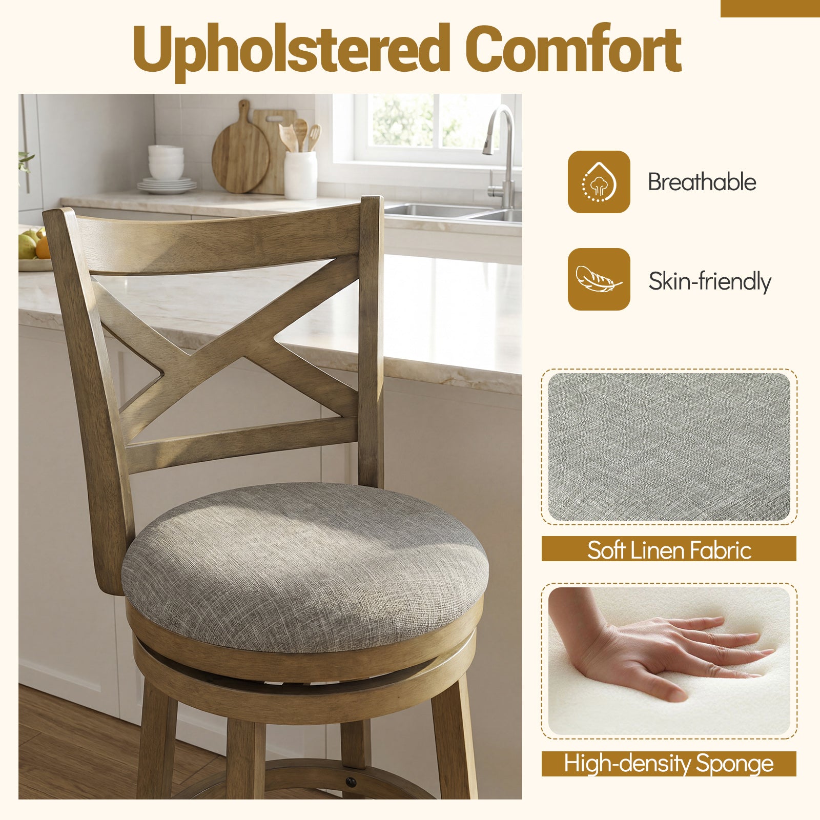 KOMFOTT Wood Swivel Bar Stools Set of 2/4, Counter Height Swivel Chairs with Hollow Back & Soft-Padded Seat