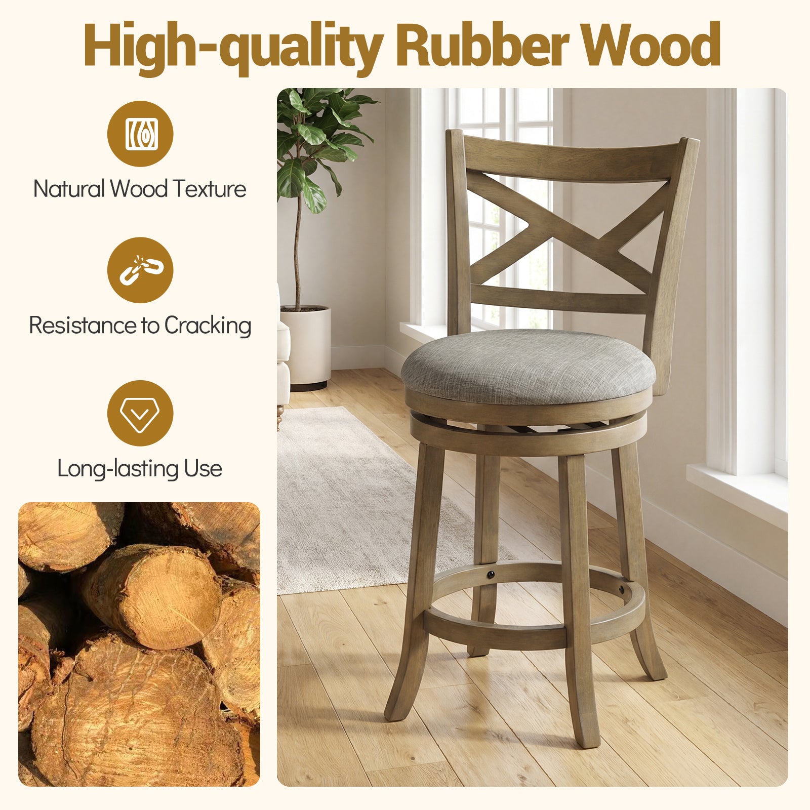 KOMFOTT Wood Swivel Bar Stools Set of 2/4, Counter Height Swivel Chairs with Hollow Back & Soft-Padded Seat