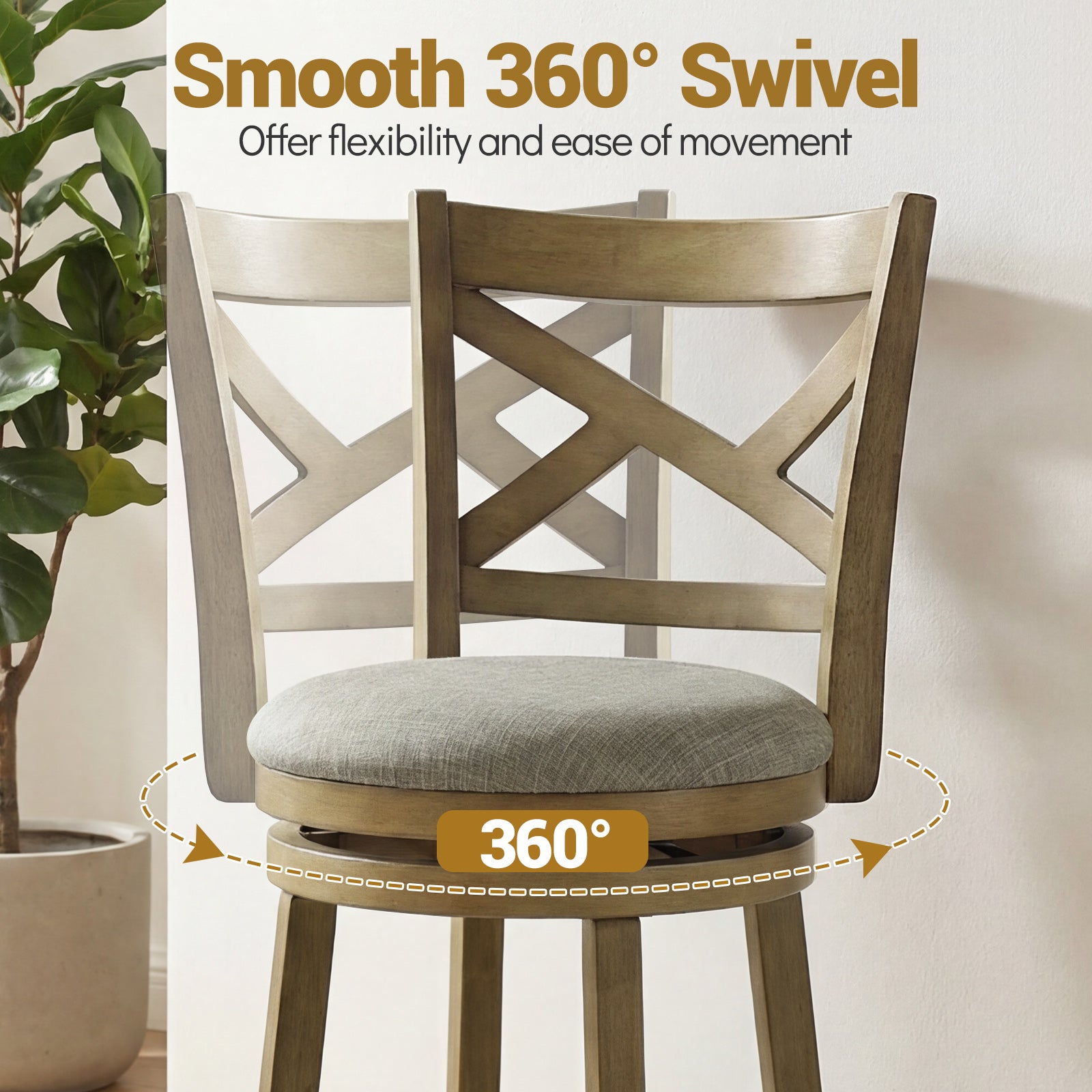 KOMFOTT Wood Swivel Bar Stools Set of 2/4, Counter Height Swivel Chairs with Hollow Back & Soft-Padded Seat