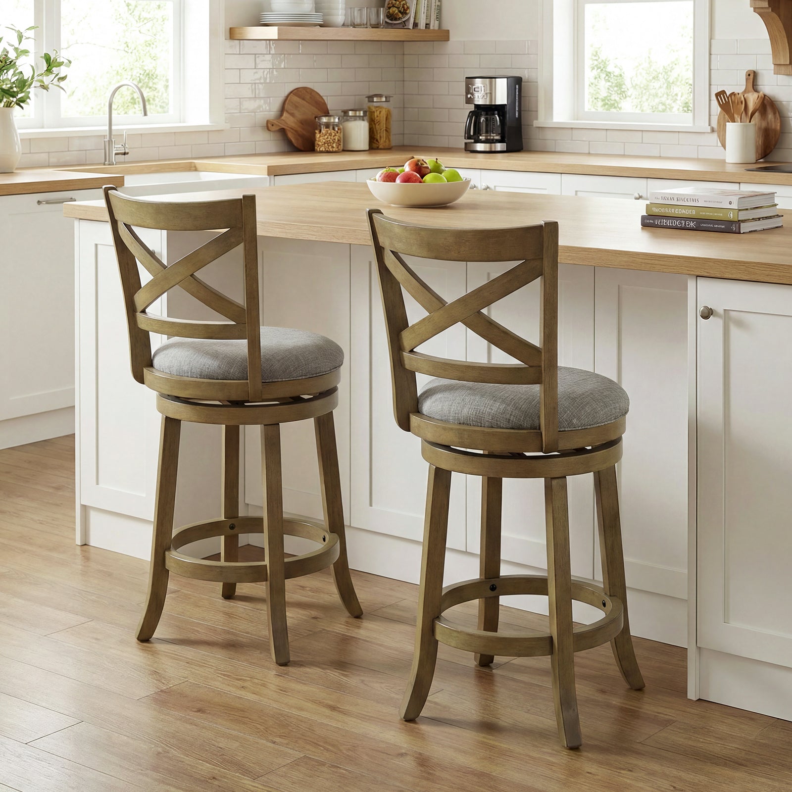 KOMFOTT Wood Swivel Bar Stools Set of 2/4, Counter Height Swivel Chairs with Hollow Back & Soft-Padded Seat