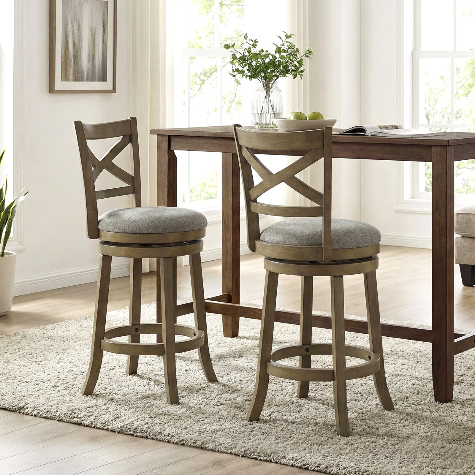 KOMFOTT Wood Swivel Bar Stools Set of 2/4, Counter Height Swivel Chairs with Hollow Back & Soft-Padded Seat