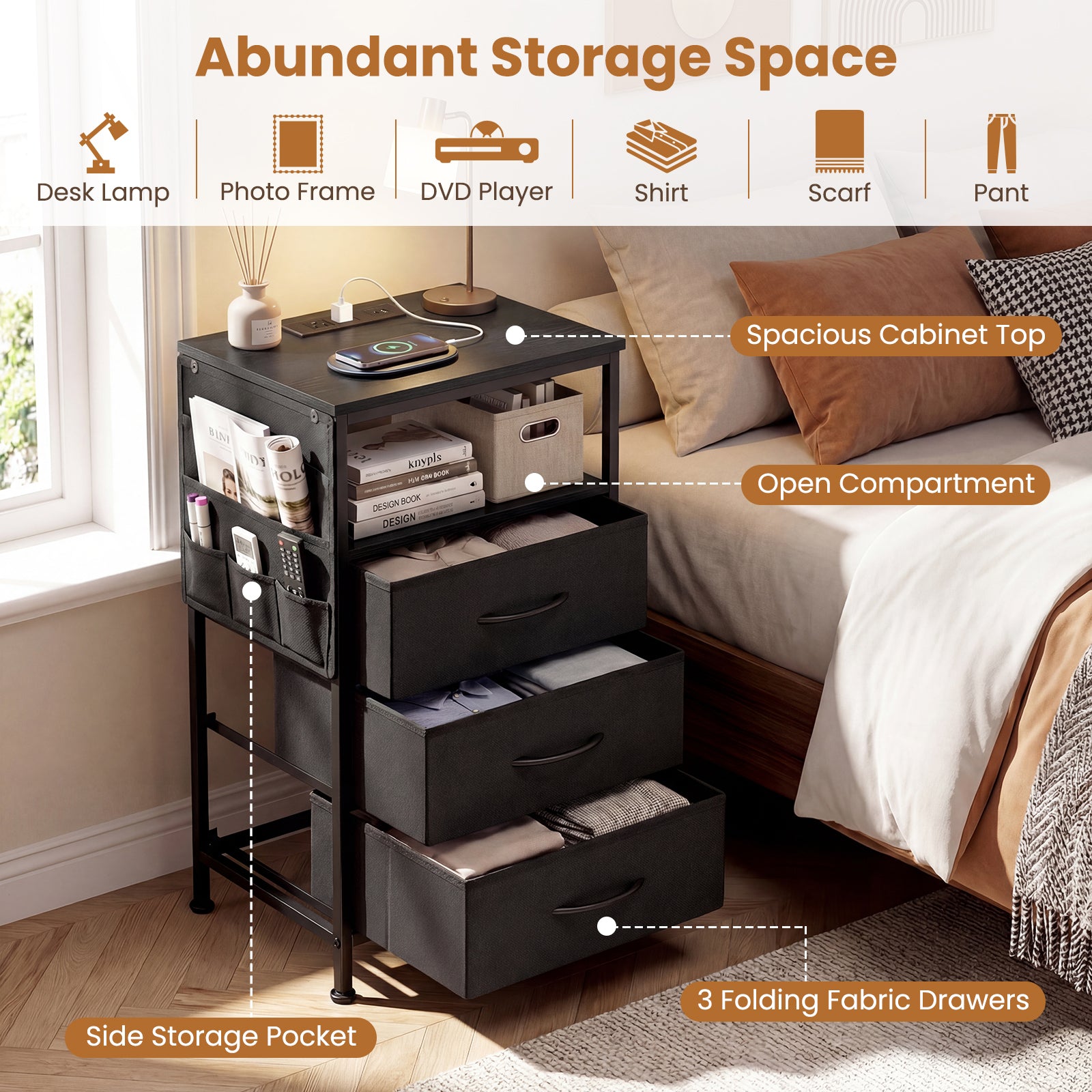KOMFOTT 1/2 Nightstand with Charging Station 27.5" Modern Bedside Table ( 3 Drawers)