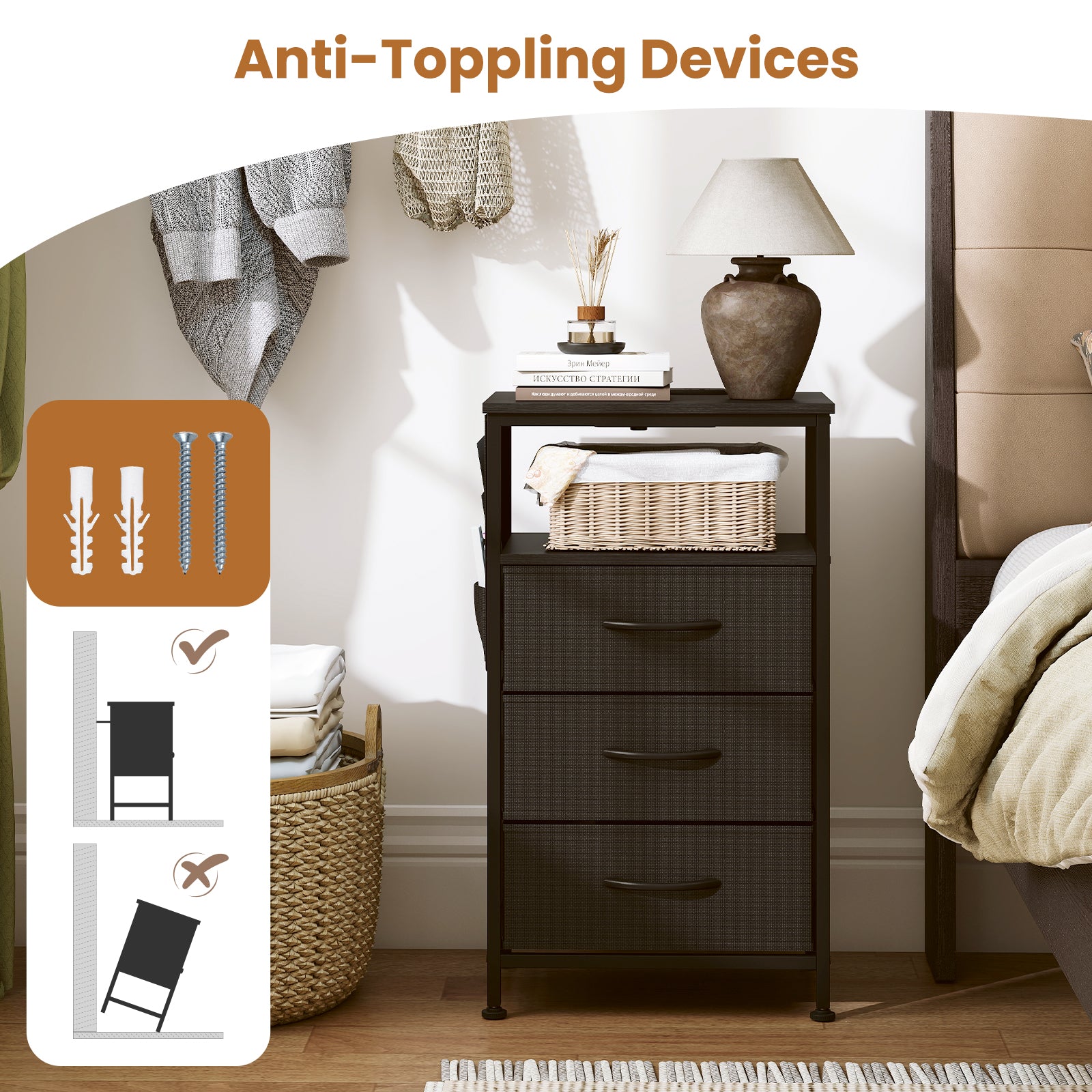 KOMFOTT 1/2 Nightstand with Charging Station 27.5" Modern Bedside Table ( 3 Drawers)