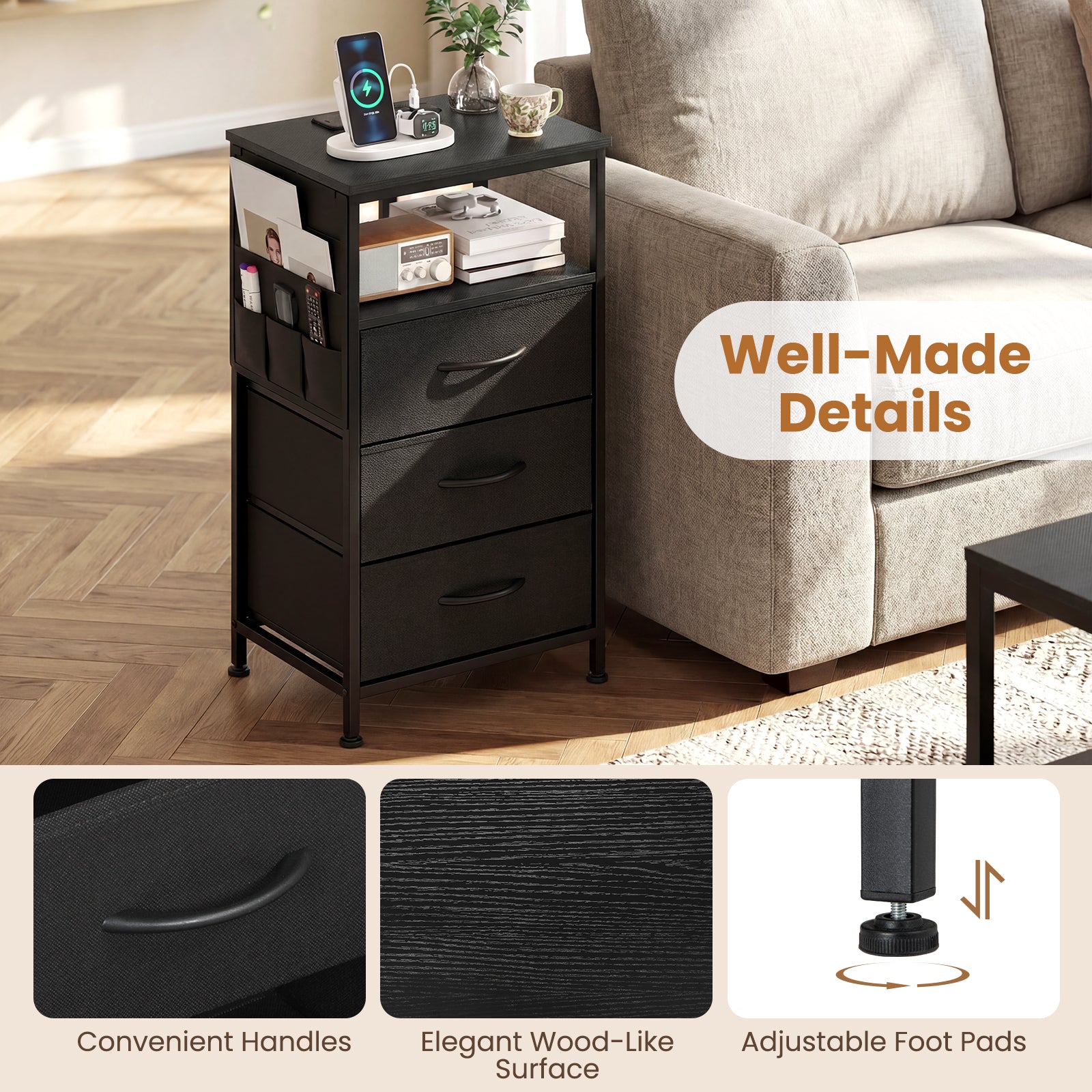 KOMFOTT 1/2 Nightstand with Charging Station 27.5" Modern Bedside Table ( 3 Drawers)