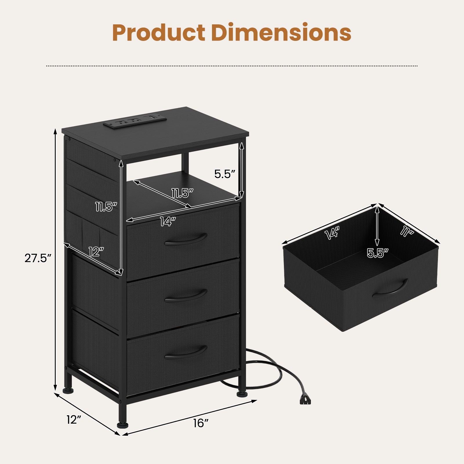 KOMFOTT 1/2 Nightstand with Charging Station 27.5" Modern Bedside Table ( 3 Drawers)