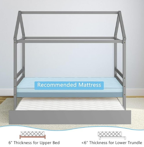 KOMFOTT Twin Size Wood House Bed with Trundle and Roof