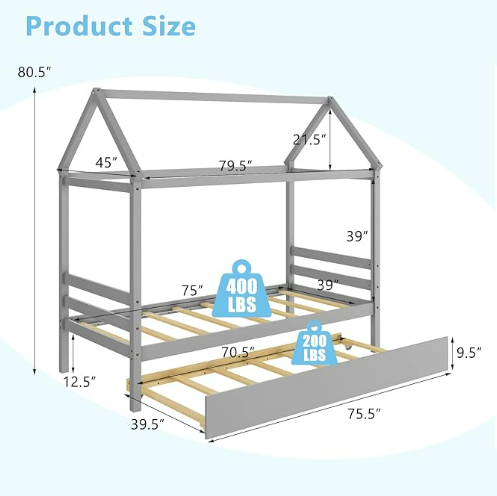 KOMFOTT Twin Size Wood House Bed with Trundle and Roof