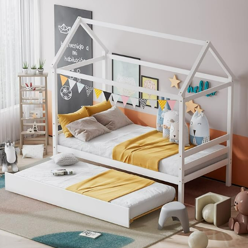 KOMFOTT Twin Size Wood House Bed with Trundle and Roof