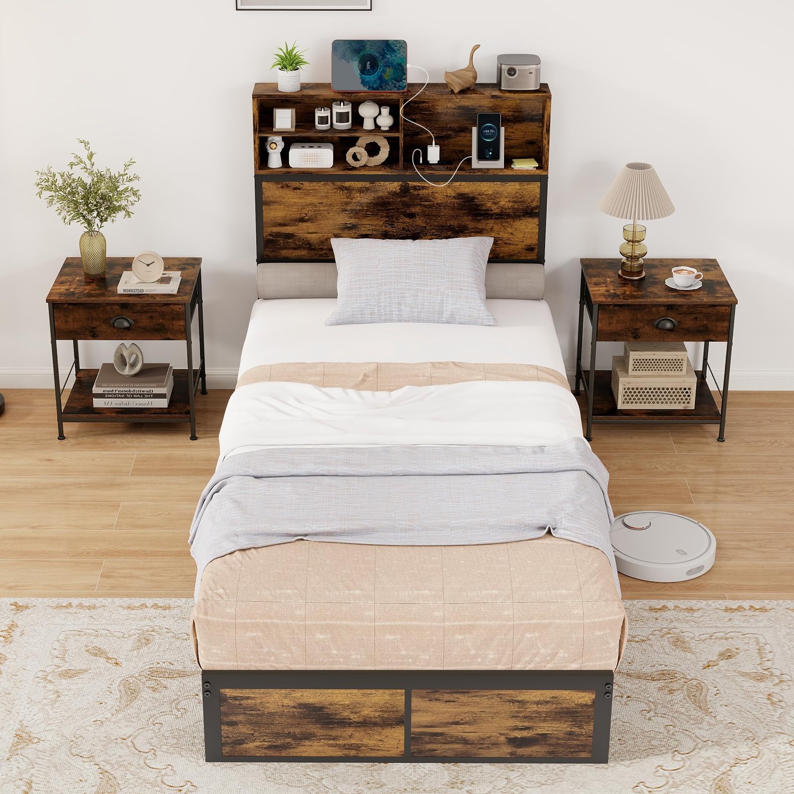 KOMFOTT Metal Platform Bed Frame with Storage Headboard & Charging Station