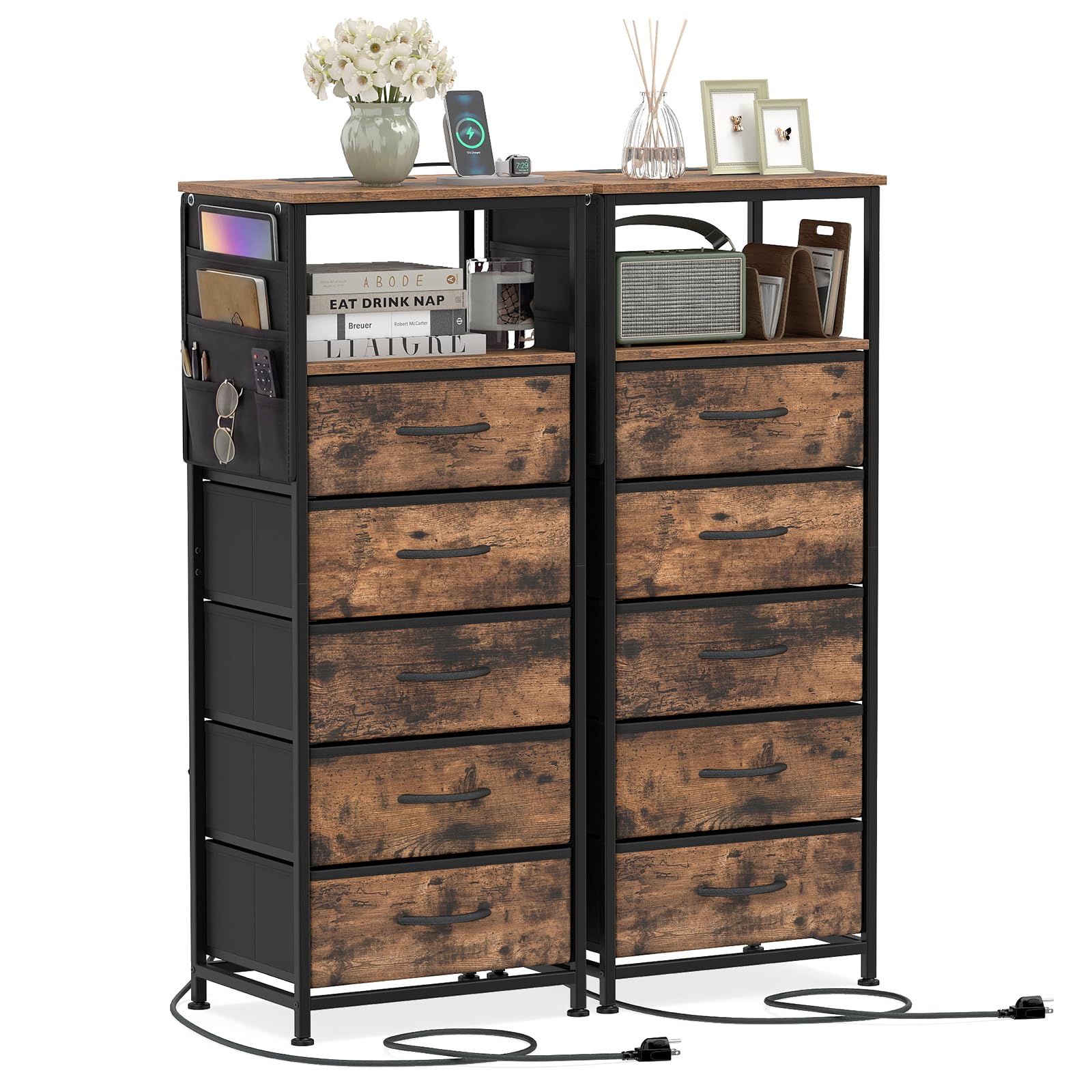 KOMFOTT 1/2 Nightstand with Integrated Charging Station 39" Tall Modern End Table(5 Drawers)