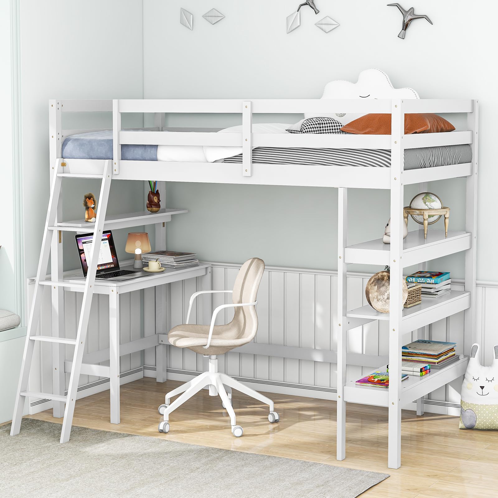 KOMFOTT Loft Bed with Desk & Storage Shelves