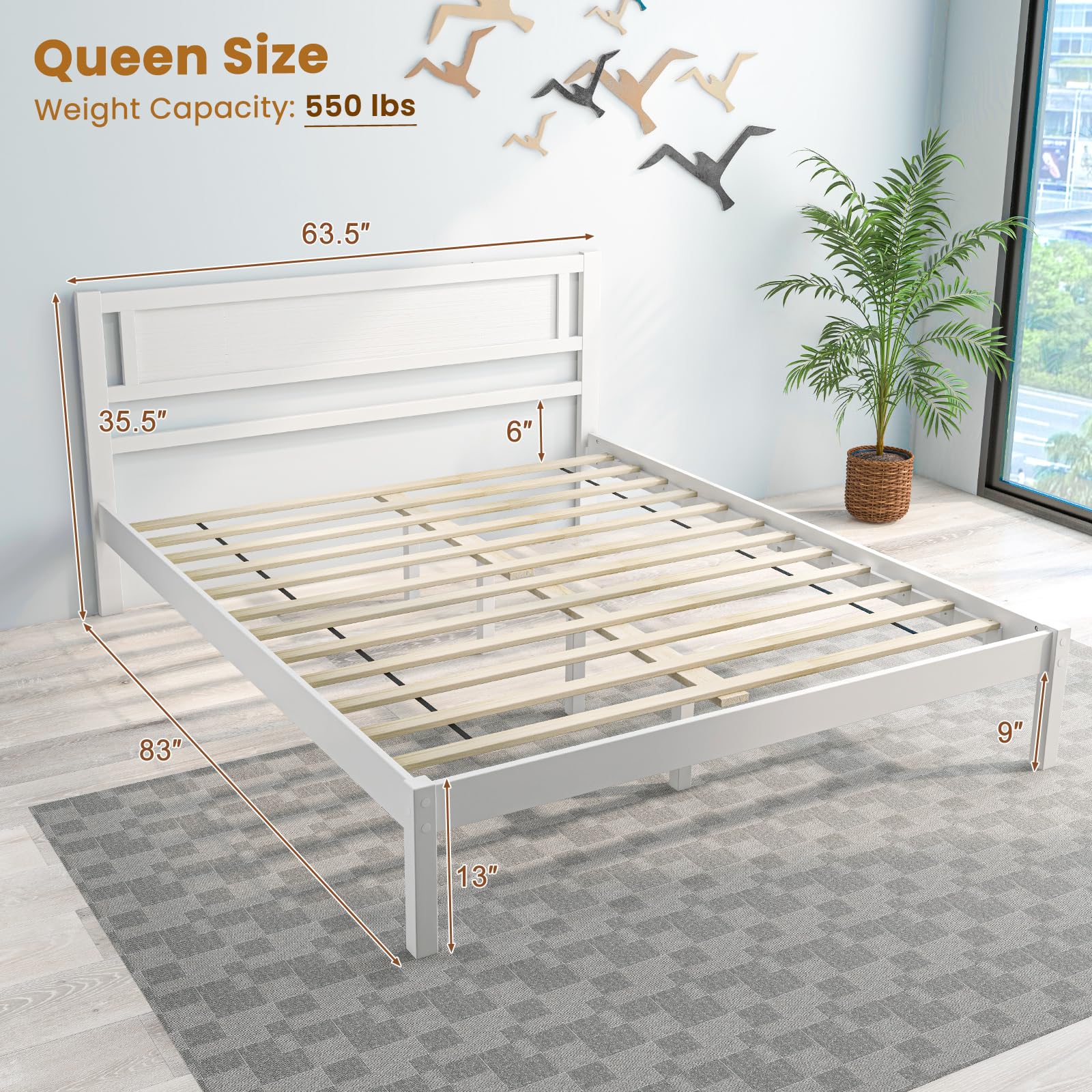 KOMFOTT Queen Size Wood Platform Bed Frame with Headboard