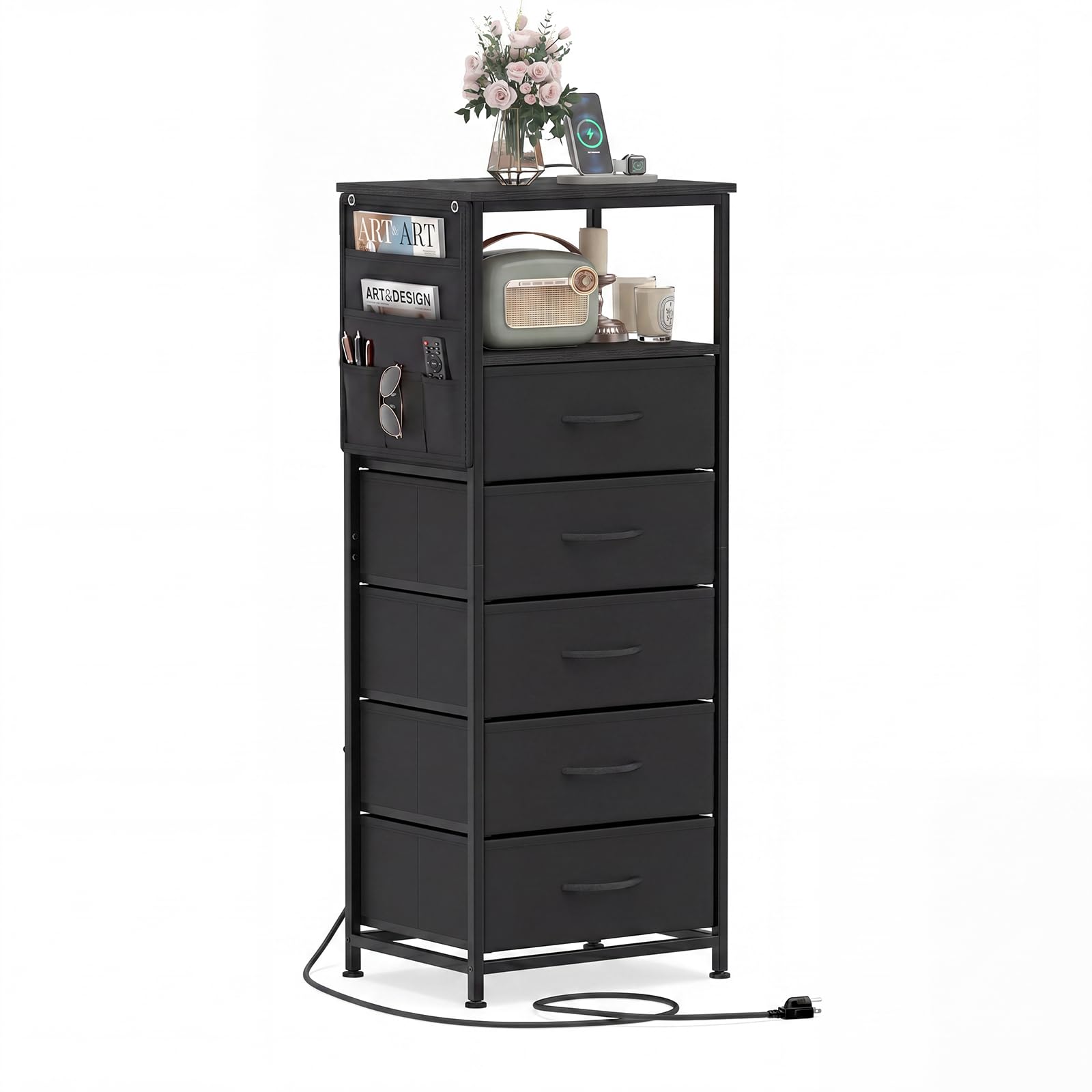 KOMFOTT 1/2 Nightstand with Integrated Charging Station 39" Tall Modern End Table(5 Drawers)
