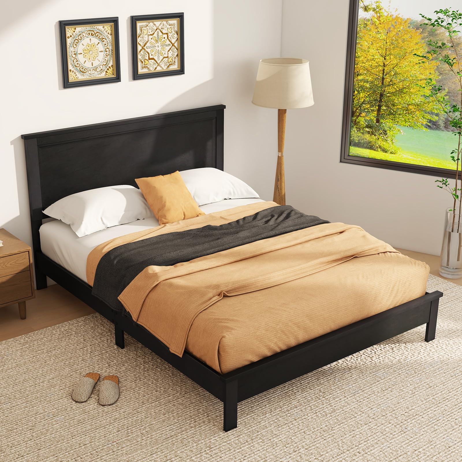 KOMFOTT Queen Size Wood Platform Bed Frame with Headboard