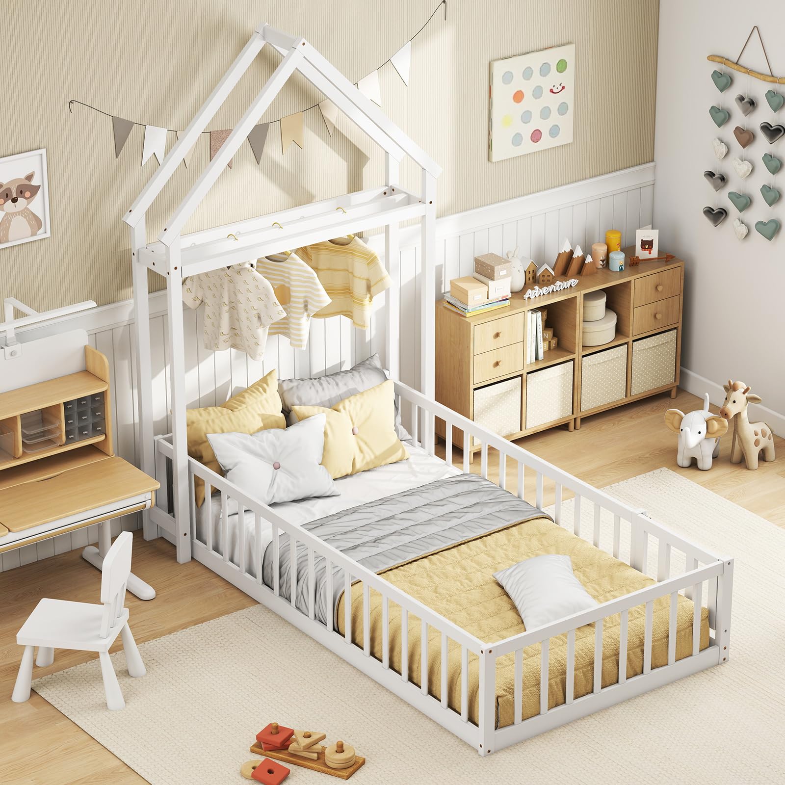 KOMFOTT Twin Size Floor Bed with House-Shaped Headboard（Twin with Headboard）