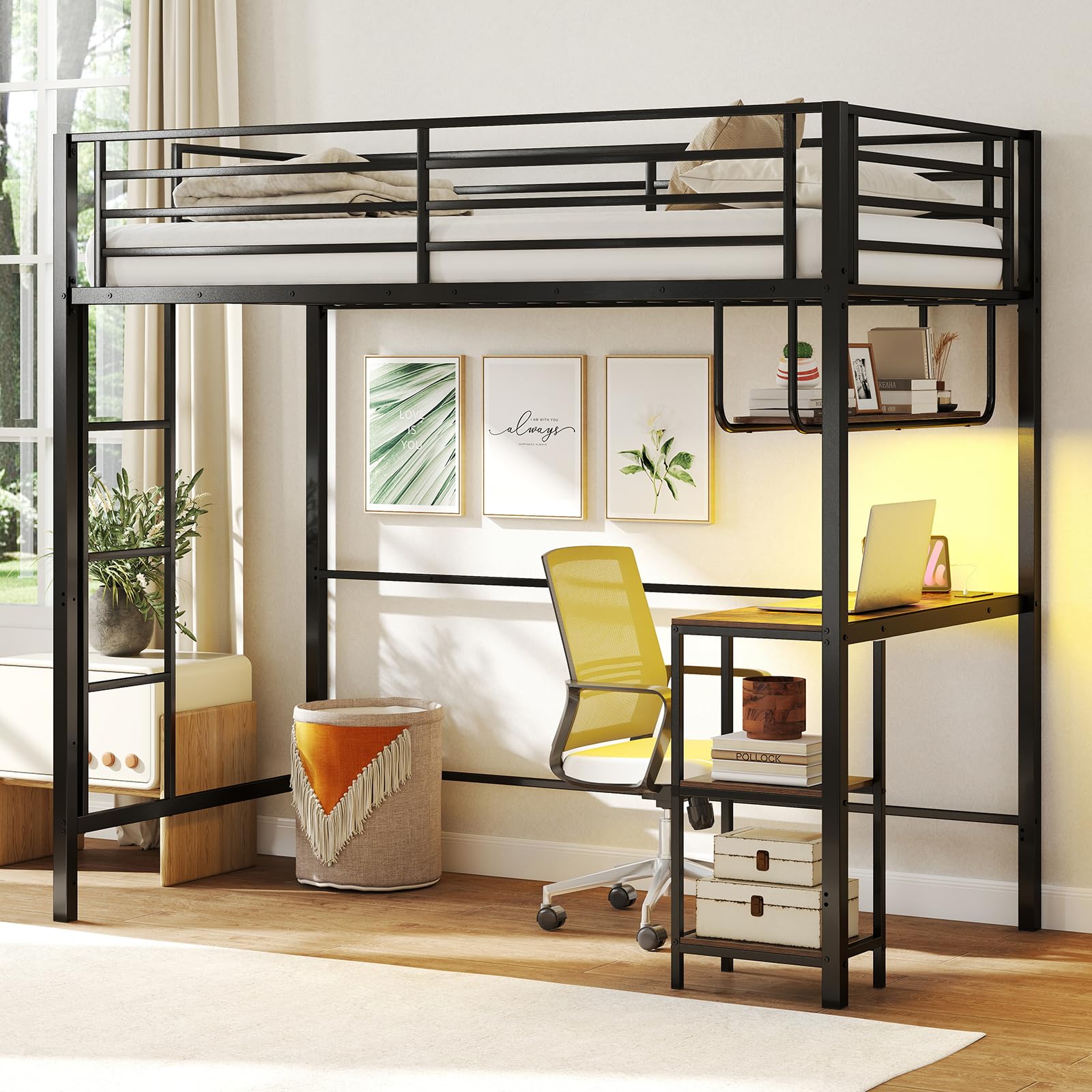 KOMFOTT Twin Loft Bed with Desk LED Lights Charging Station