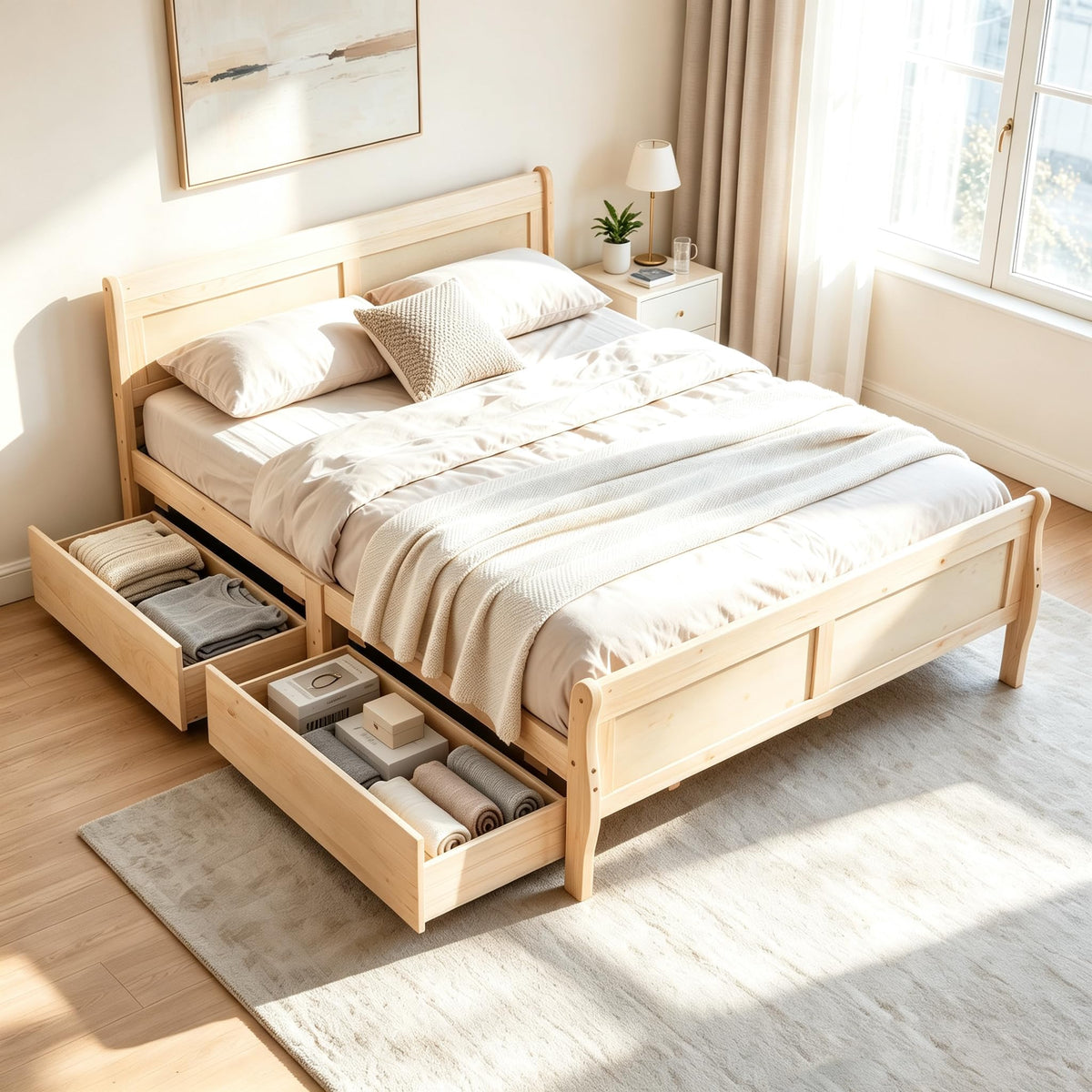 KOMFOTT Twin Size Sleigh Wood Bed Frame with 2 Storage Drawers